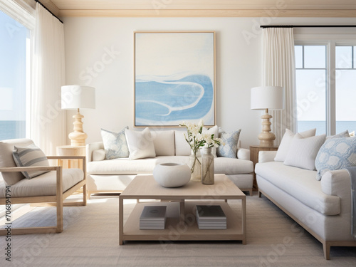 Chic and modern living room with a beach house style, sleek furniture, and light tones