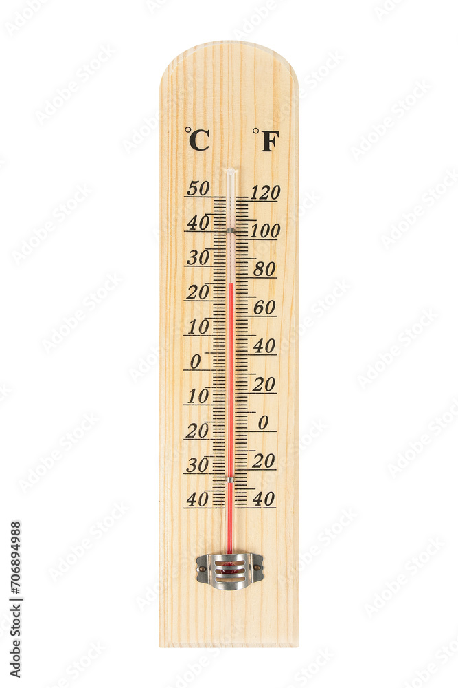 Wooden celsius and fahrenheit scale thermometer isolated on transparent background,Ambient temperature plus 25 celsius degrees. - obrazy, fototapety, plakaty 