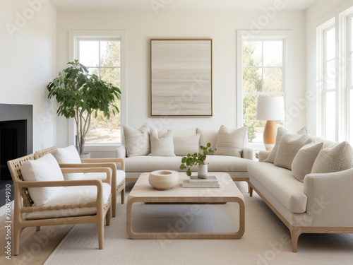 Bright and modern living room with a Hamptons flair, featuring clean lines and light colors