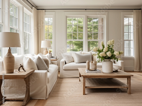 Cozy coastal living space with rustic charm, wooden accents, and soft, sandy colors © Nissan