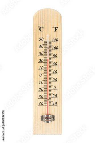 Wooden celsius and fahrenheit scale thermometer isolated on transparent background,Ambient temperature plus 25 celsius degrees. photo