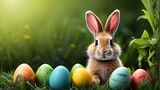 Easter rabbit in green grass with painted eggs, sunny day, egg hunt, Happy Easter banner background