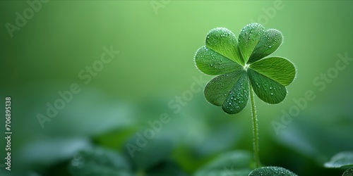 Four leaf green clover for good luck on St. Patrick Day, bright green background.
