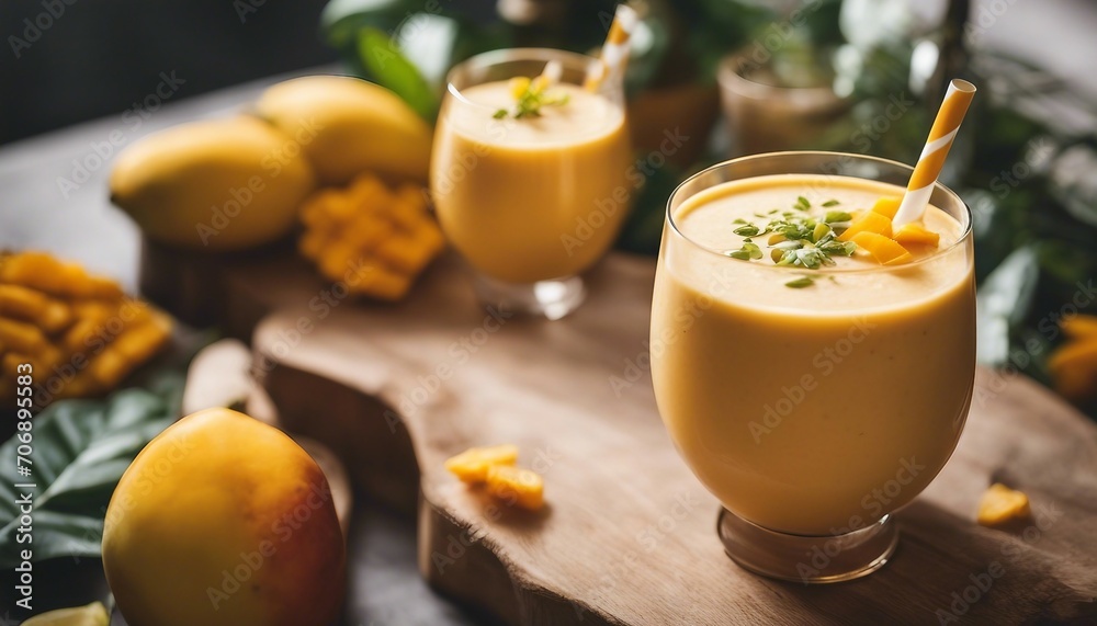 Mango smoothie with fresh mango fruits on rustic wooden background Mango smoothie with fresh mango fruits on rustic wooden background