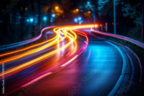 Colorful Light Trails in Motion Against a Dark Background