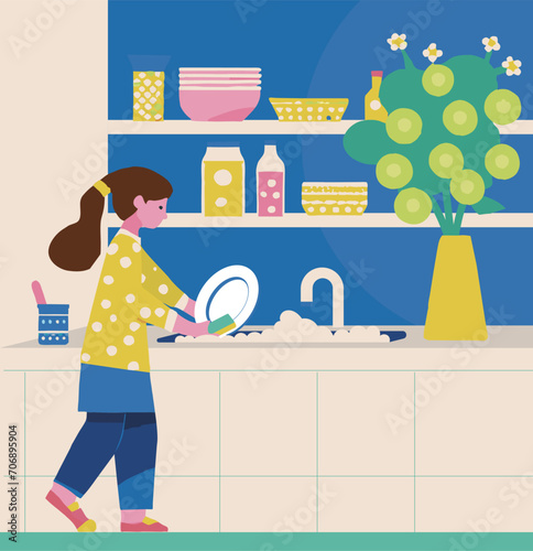 wash the dishes. housework. The dishes. Vector flat color. kitchen. interior. decoration. collection. colorful. nice. A fun space.