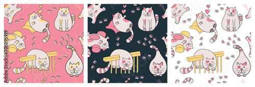 Cats in different poses seamless pattern with footprints for kids, baby print, interior design, card, linen, sleeping clothes or other. Each pattern is isolated. Vector illustration. Not AI created.