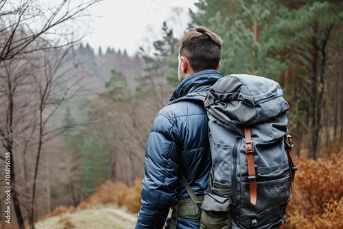 Adventurous male hiker with backpack in nature