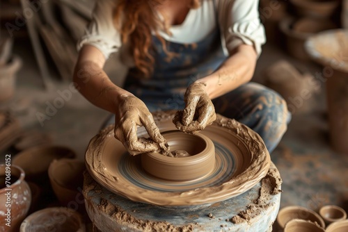 Artist at a pottery wheel, shaping clay, set against a rustic, earth-toned background.