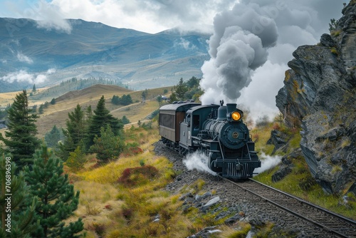 Classic steam locomotive chugging through a mountain pass