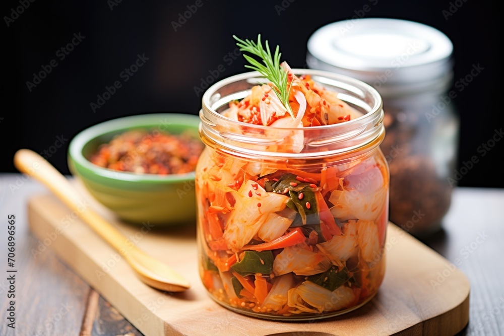 fresh kimchi in a glass jar with chili peppers nearby fresh kimchi in a glass jar with chili peppers nearby