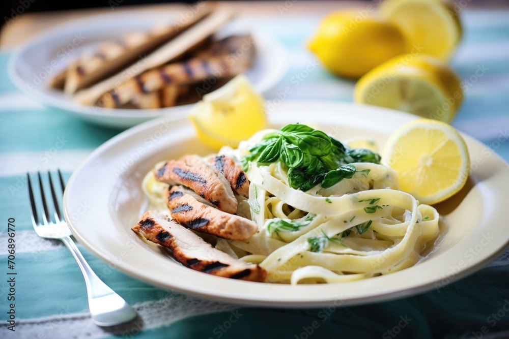 fettuccine alfredo with grilled chicken strips and lemon wedge fettuccine alfredo with grilled chicken strips and lemon wedge
