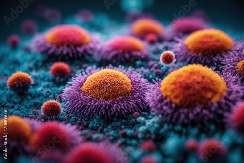 bacteria and cells of an biological organism under microscope in the laboratory. closeup view of a virus like covid corona.