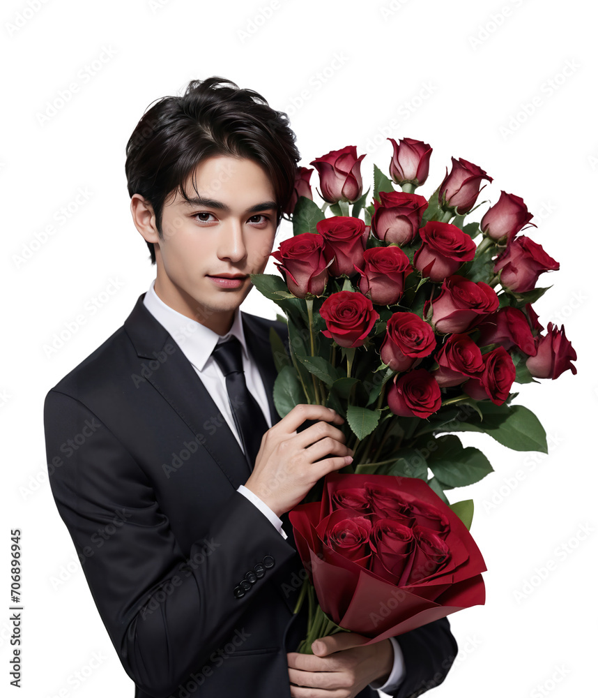 handsome young man wearing a suit holding a bouquet on Valentine's Day handsome young man wearing a suit holding a bouquet on Valentine's Day