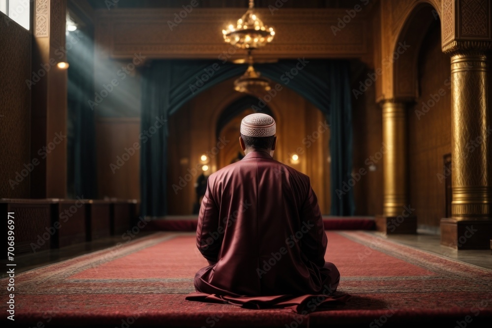The back of a Muslim man performing prayers
