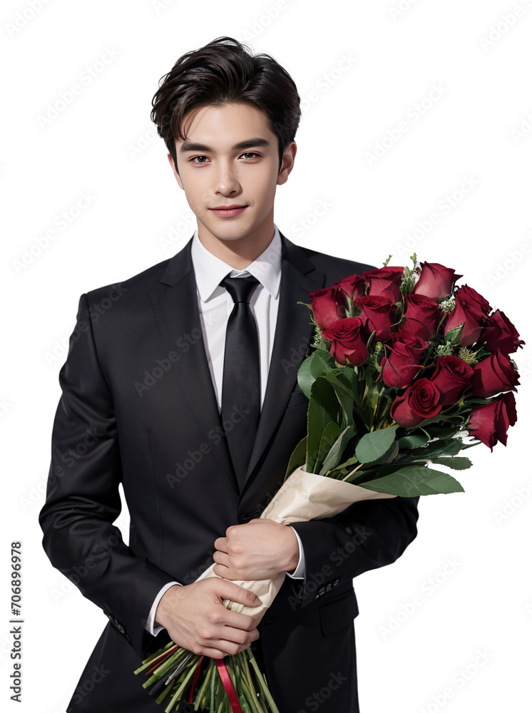 handsome young man wearing a suit holding a bouquet on Valentine's Day handsome young man wearing a suit holding a bouquet on Valentine's Day