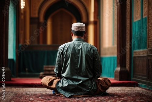 The back of a Muslim man performing prayers