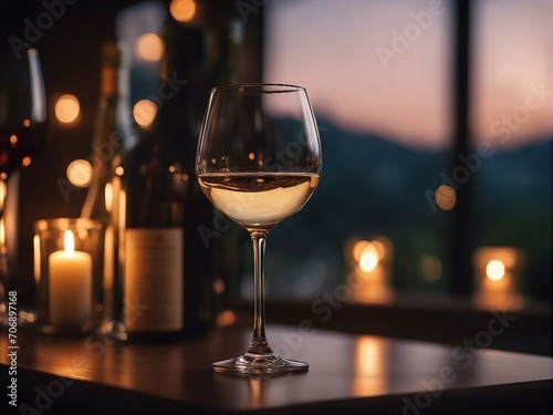 AI generated illustration of a glass of crisp white wine on a table adorned with flickering candles