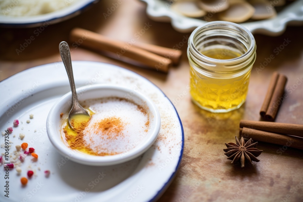 flurry of spices like cinnamon and nutmeg next to a flan flurry of spices like cinnamon and nutmeg next to a flan