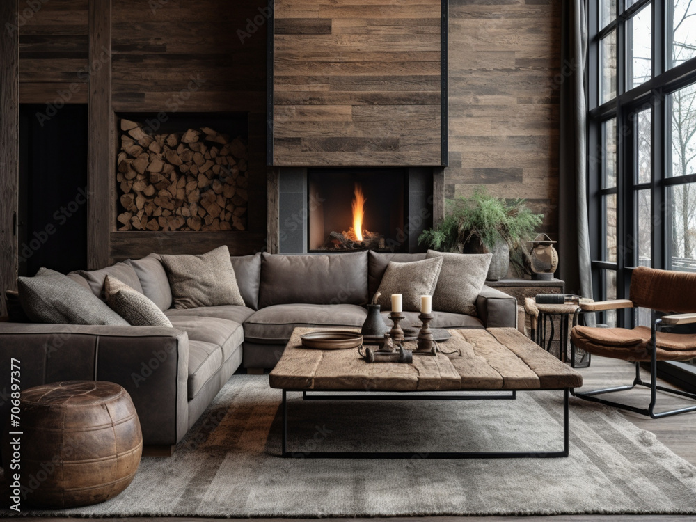 Stylish living space with modern furnishings and rustic wood accents Stylish living space with modern furnishings and rustic wood accents