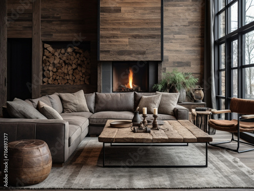 Stylish living space with modern furnishings and rustic wood accents © Nissan