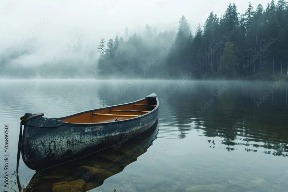 canoe in the water in nature with fog - obrazy, fototapety, plakaty 