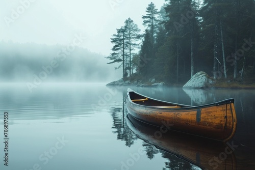 canoe in the water in nature with fog