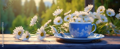daisies in a blue cup on a wooden table