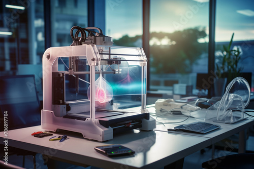 3d printer use in medical field, 3d printer on desk in medical laboratory, modern 3d printing technology, biotechnology photo