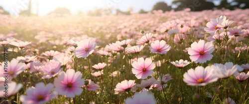 dozens of pretty pink flowers lay down in a field
