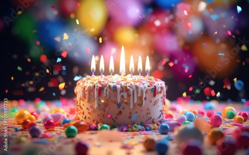 birthday cake with a candle on a background of colorful tinsel photo