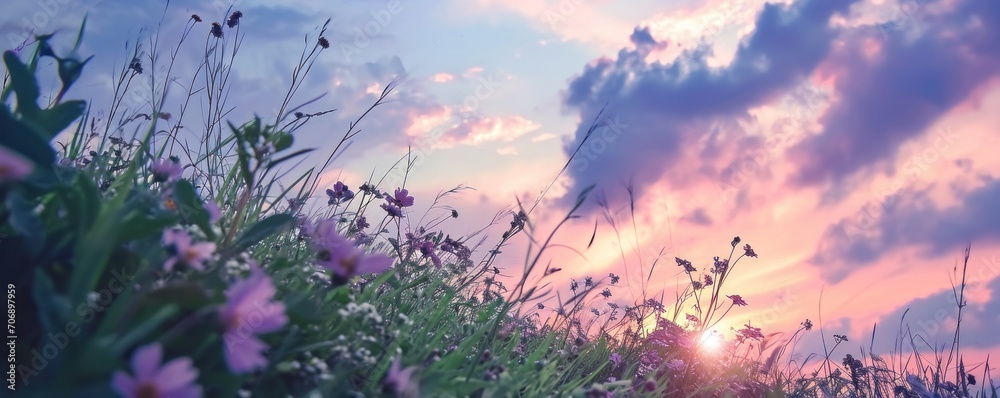 green grass with flowers and lots of pink and purple clouds