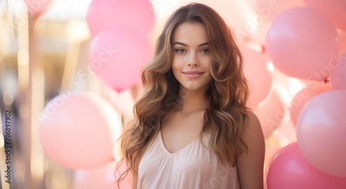 young girl on a background of pink balloons