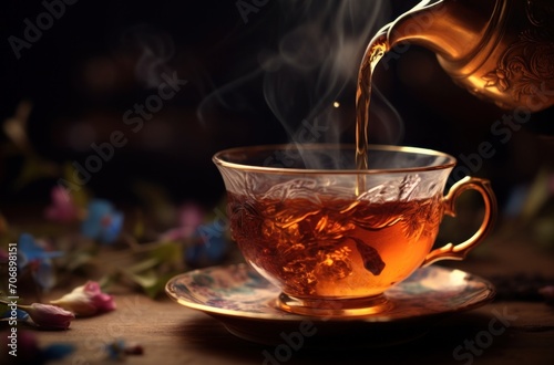 tea cups on wooden table on dark background