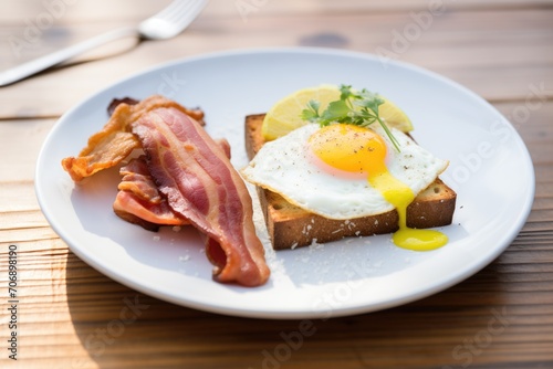 plate of french toast with bacon and a sunny-side up egg