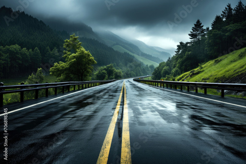 An empty wet mountain highway perspective under stormy sky, travel background, low angle view