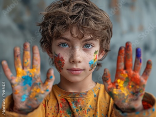 Portrait of a boy with his hands painted in bright colors. Generative AI