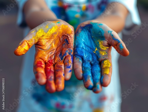 Close-up of a child's hands covered with bright paint. Generative AI