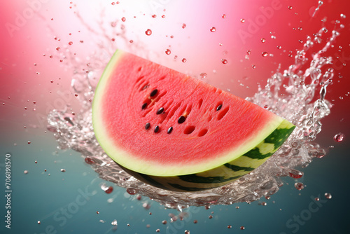 Piece of falling juicy watermelon with splashes of water or juice and drops on bright blue and pink background.