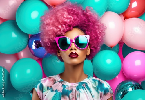 colorful woman with colorful balloons