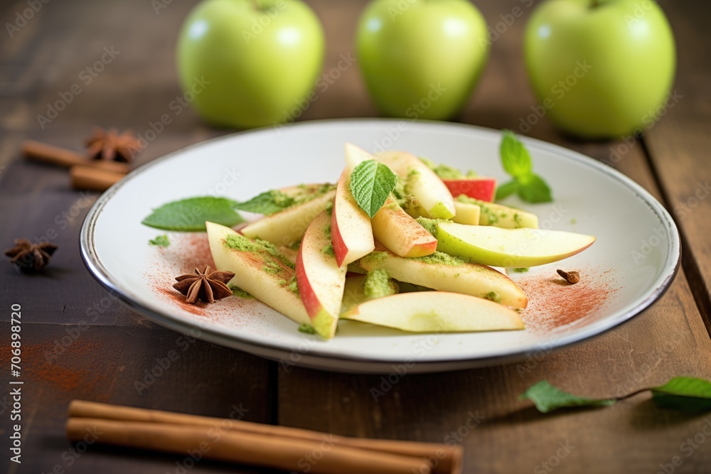 red and green apple wedges sprinkled with cinnamon on a dish