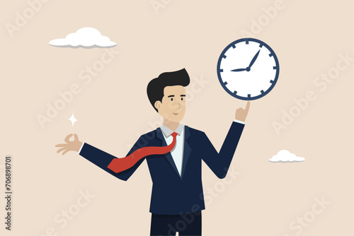 Punctuality, meeting reminder or time management concept, finish work within deadline or timing, punctual businessman holding clock with precise timing.