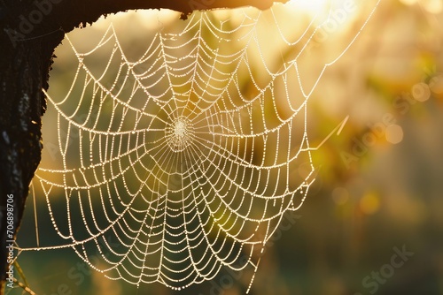 Dewy spider web glistening in the morning sun