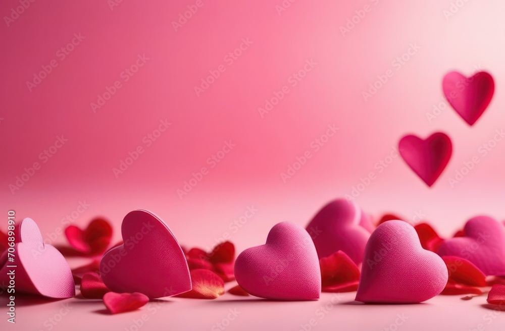 On a pink background there are many small hearts and rose petals with two red hearts. Suitable for Valentine's Day and Mother's Day