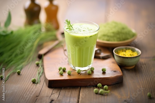 pea juice in a clear glass with pods and peas on side