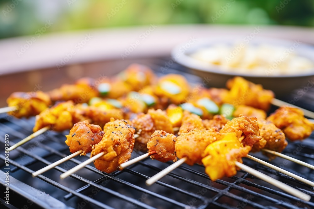 fried chicken bites on skewers over a grill pan