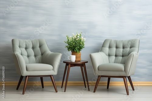 Cozy office interior with comfortable armchairs and indoor green plant on table against beige wall