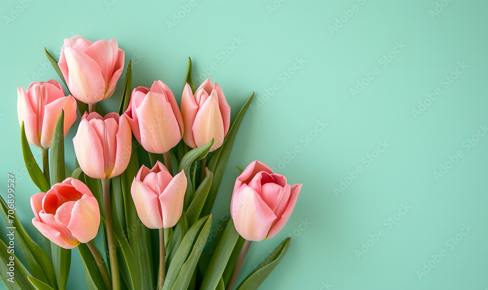 Fresh pink tulips on pastel menthe green background, Generative AI Fresh pink tulips on pastel menthe green background, Generative AI