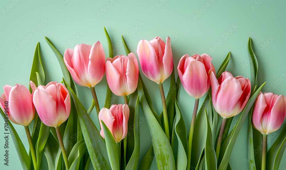Fresh pink tulips on pastel menthe green background, Generative AI Fresh pink tulips on pastel menthe green background, Generative AI