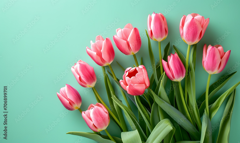 Fresh pink tulips on pastel menthe green background, Generative AI